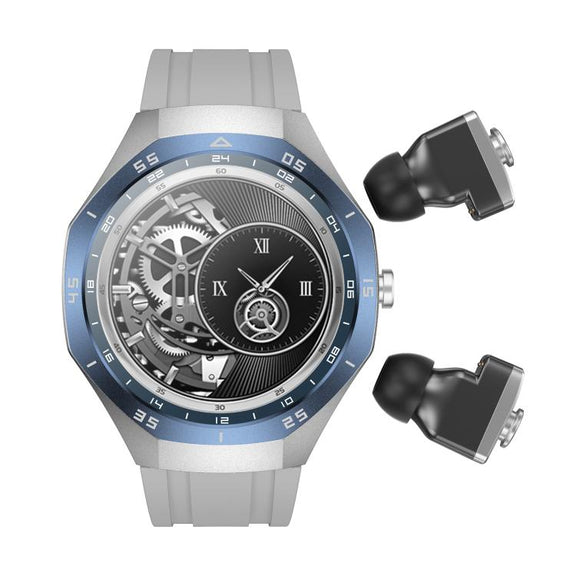 F38 Dual-ear Bluetooth Earphone Smart Watch IP67 Supports Heart Rate Monitoring, Watchband:Silicone(Silver)
