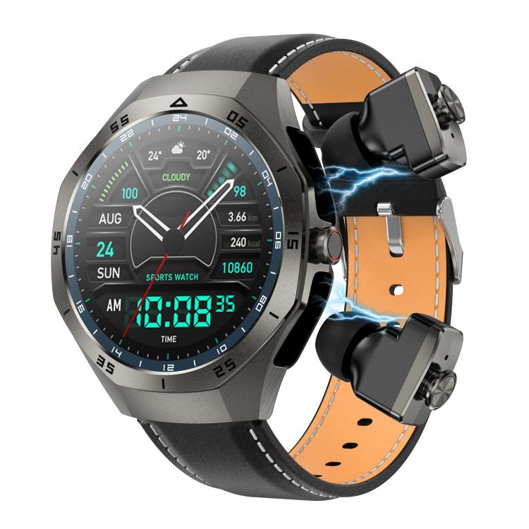 F38 Dual-ear Bluetooth Earphone Smart Watch IP67 Supports Heart Rate Monitoring, Watchband:Leather(Black) - free shipping - PMC Jewellery - Order now!