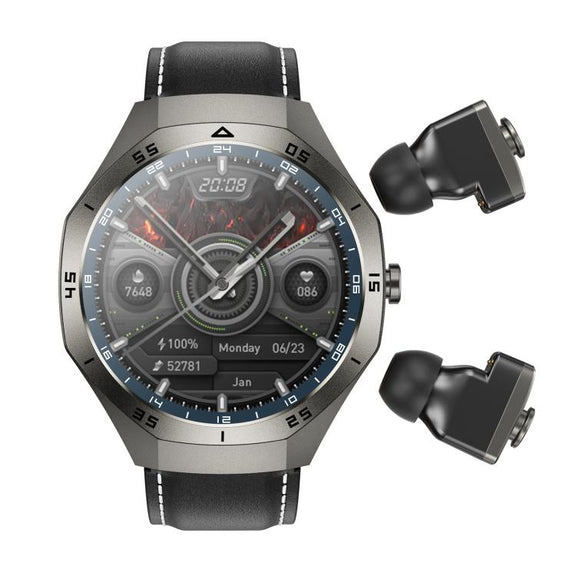 F38 Dual-ear Bluetooth Earphone Smart Watch IP67 Supports Heart Rate Monitoring, Watchband:Leather(Black)