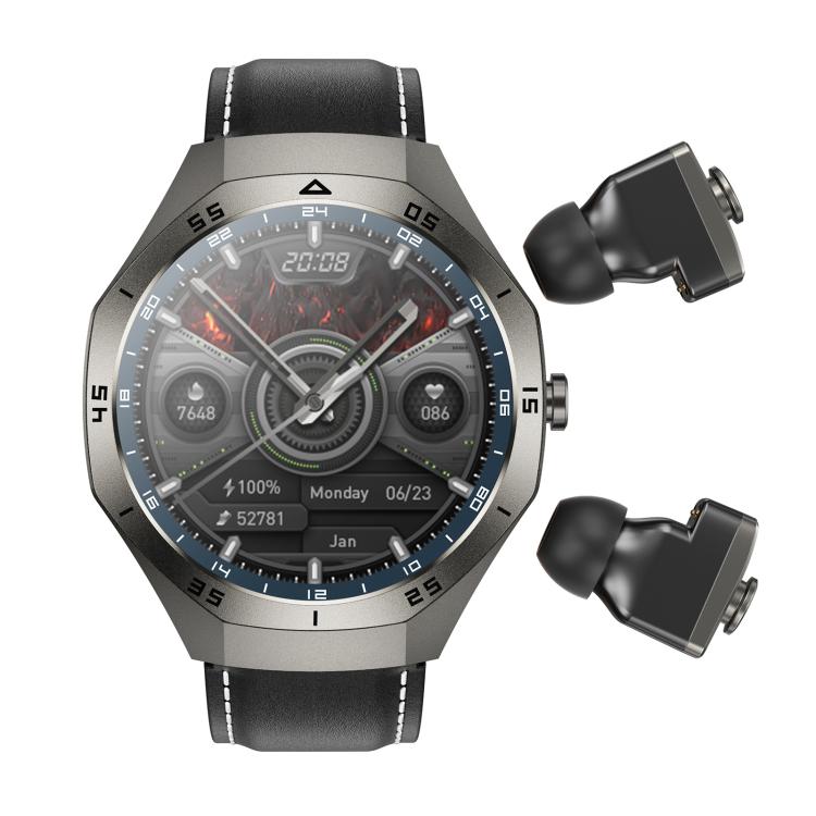 F38 Dual-ear Bluetooth Earphone Smart Watch IP67 Supports Heart Rate Monitoring, Watchband:Leather(Black)