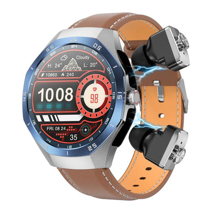 F38 Dual-ear Bluetooth Earphone Smart Watch IP67 Supports Heart Rate Monitoring, Watchband:Leather(Silver) - free shipping - PMC Jewellery - Order now!