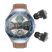 F38 Dual-ear Bluetooth Earphone Smart Watch IP67 Supports Heart Rate Monitoring, Watchband:Leather(Silver)