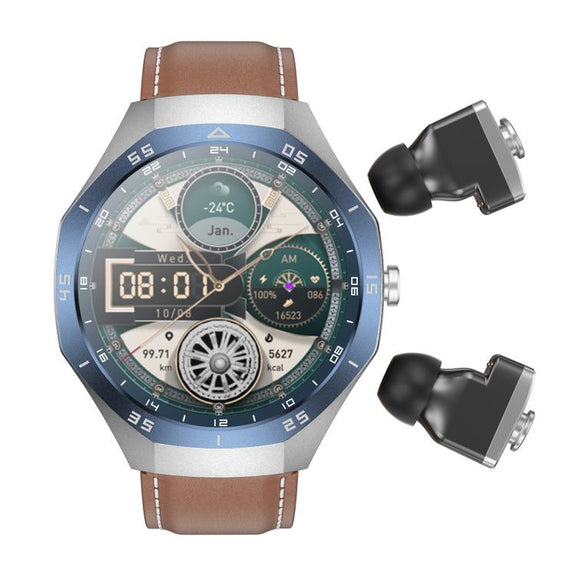 F38 Dual-ear Bluetooth Earphone Smart Watch IP67 Supports Heart Rate Monitoring, Watchband:Leather(Silver)