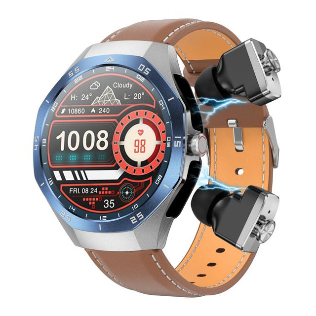 F38 Dual-ear Bluetooth Earphone Smart Watch IP67 Supports Heart Rate Monitoring, Watchband:Leather(Silver)