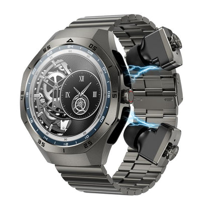 F38 Dual-ear Bluetooth Earphone Smart Watch IP67 Supports Heart Rate Monitoring, Watchband:Steel(Black) - free shipping - PMC Jewellery - Order now!