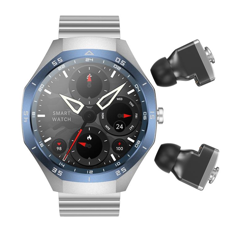 F38 Dual-ear Bluetooth Earphone Smart Watch IP67 Supports Heart Rate Monitoring, Watchband:Steel(Silver)