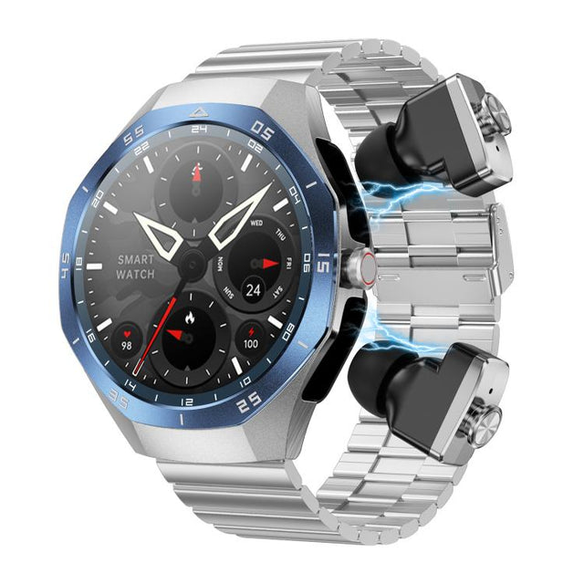 F38 Dual-ear Bluetooth Earphone Smart Watch IP67 Supports Heart Rate Monitoring, Watchband:Steel(Silver)
