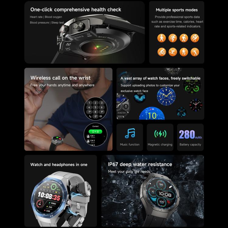 F38 Dual-ear Bluetooth Earphone Smart Watch IP67 Supports Heart Rate Monitoring, Watchband:Silicone(Silver)