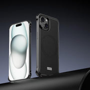 For iPhone 15 J TRIBE Metal Frameless Plain Leather MagSafe Phone Case(Black)