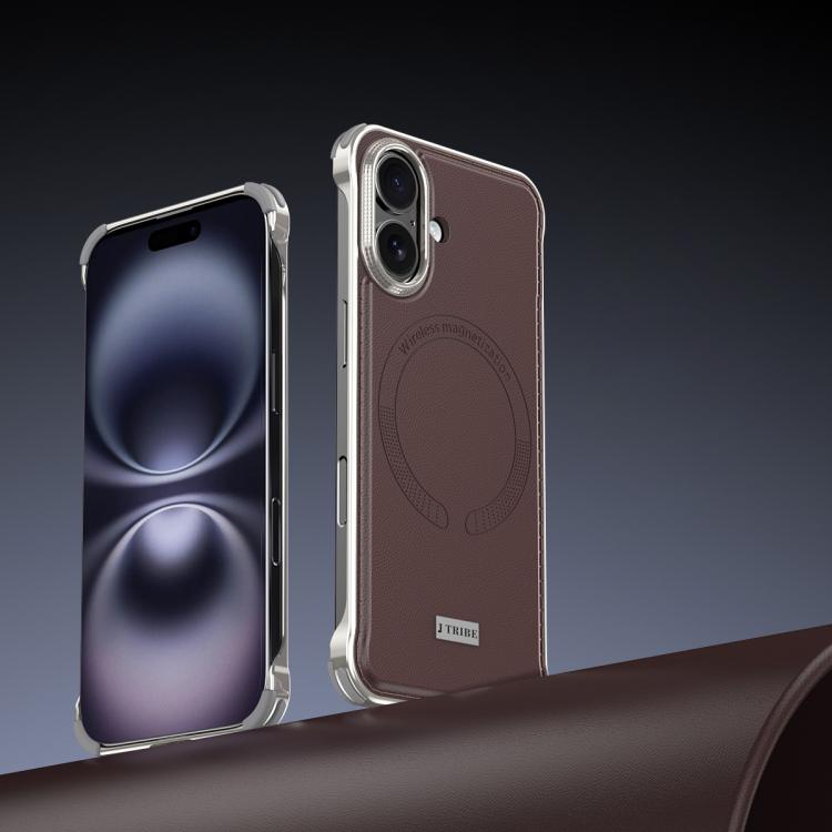 For iPhone 16 J TRIBE Metal Frameless Plain Leather MagSafe Phone Case(Brown) - free shipping - PMC TechLife - Order now!