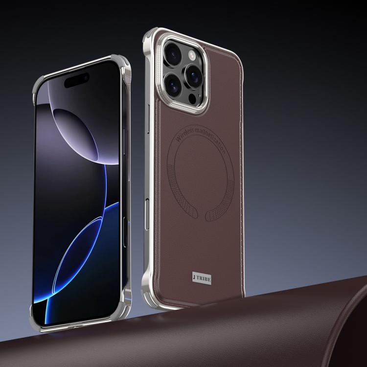 For iPhone 16 Pro J TRIBE Metal Frameless Plain Leather MagSafe Phone Case(Brown) - free shipping - PMC TechLife - Order now!
