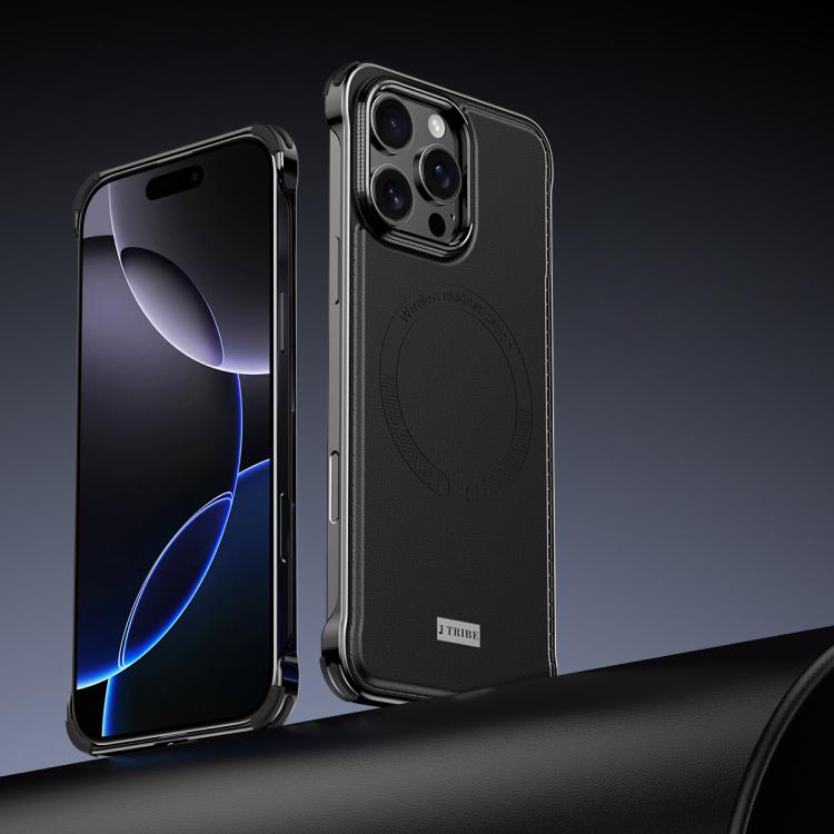 For iPhone 16 Pro J TRIBE Metal Frameless Plain Leather MagSafe Phone Case(Black) - free shipping - PMC TechLife - Order now!