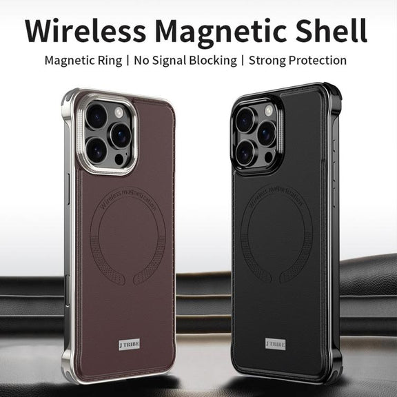 For iPhone 15 Pro Max J TRIBE Metal Frameless Plain Leather MagSafe Phone Case(Black)