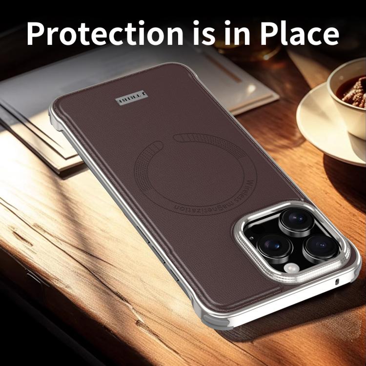 For iPhone 16 Pro J TRIBE Metal Frameless Plain Leather MagSafe Phone Case(Brown) - free shipping - PMC TechLife - Order now!