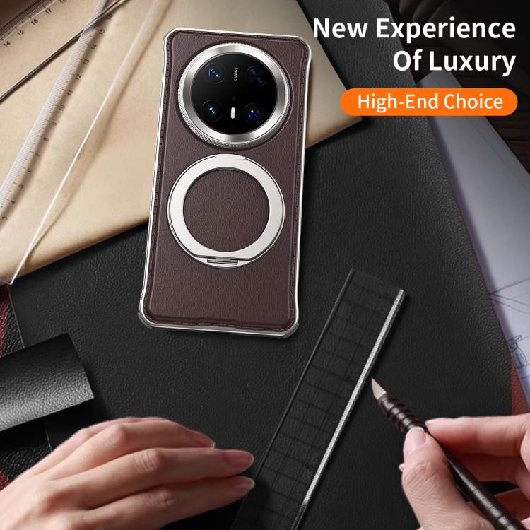 For Huawei Mate 60 Metal Frameless Plain Leather MagSafe Holder Phone Case(Brown)