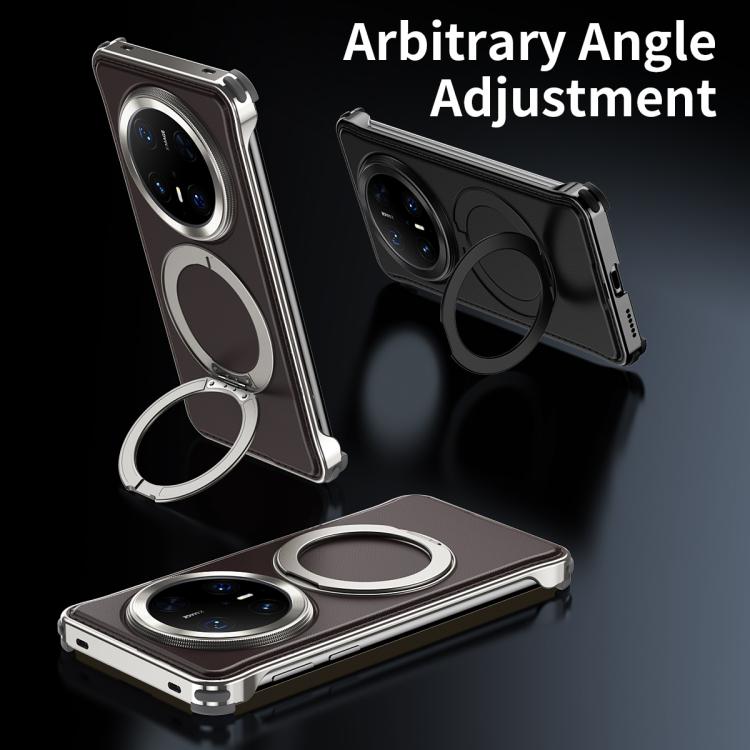For Huawei Mate 70 Pro Metal Frameless Plain Leather MagSafe Holder Phone Case(Brown)