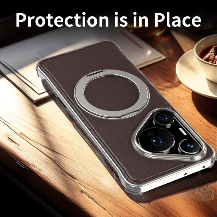 For Huawei Pura 70 Metal Frameless Plain Leather MagSafe Holder Phone Case(Black)