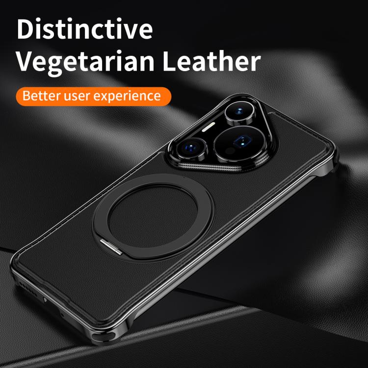 For Huawei Pura 70 Pro Metal Frameless Plain Leather MagSafe Holder Phone Case(Black)