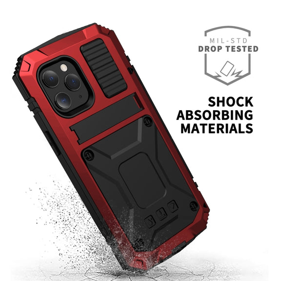 For iPhone 12 mini R-JUST Shockproof Water-resistant Dust-proof Metal + Silicone Protective Case with Holder (Red)