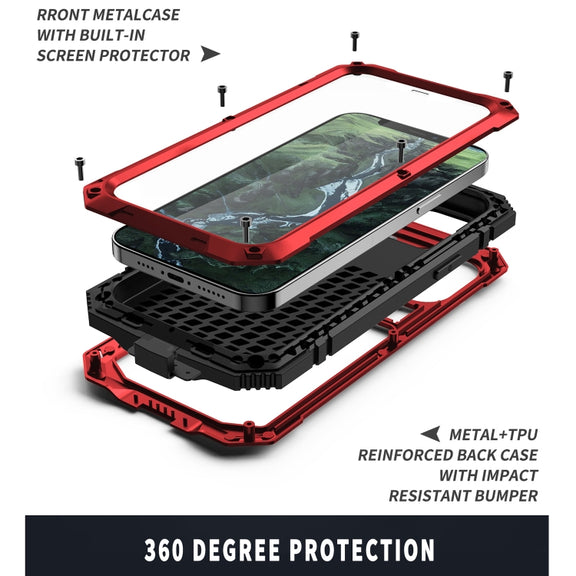 For iPhone 12 mini R-JUST Shockproof Water-resistant Dust-proof Metal + Silicone Protective Case with Holder (Red)