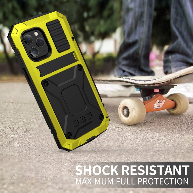 For iPhone 12 mini R-JUST Shockproof Water-resistant Dust-proof Metal + Silicone Protective Case with Holder (Yellow)