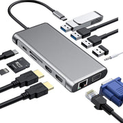 12 in 1 HDMI x2 + USB3.0 + USB2.0 + PD Charging + VGA + RJ45 + 3.5mm Jack + TF/SD x2 Type-C / USB-C HUB Docking Station(Dark Grey)