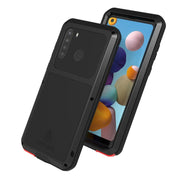 For Samsung Galaxy A21 (US Version) LOVE MEI Metal Shockproof Water-resistant Dustproof Protective Case with Glass(Army Green)