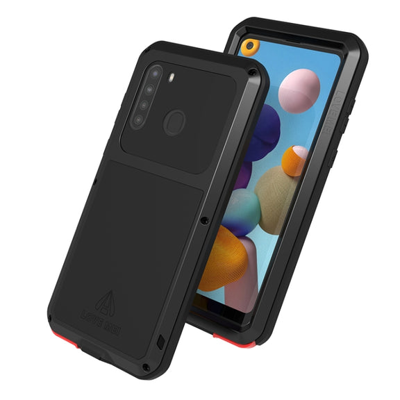 For Samsung Galaxy A21 (US Version) LOVE MEI Metal Shockproof Water-resistant Dustproof Protective Case with Glass(Army Green)