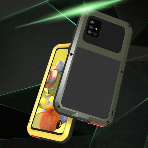 For Samsung Galaxy A51 5G LOVE MEI Metal Shockproof Water-resistant Dustproof Protective Case with Glass(Yellow)