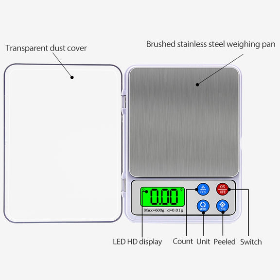 MH-555 600g x 0.01g High Accuracy Digital Electronic Portable Kitchen Scale Balance Device with 2.2 inch LCD Screen