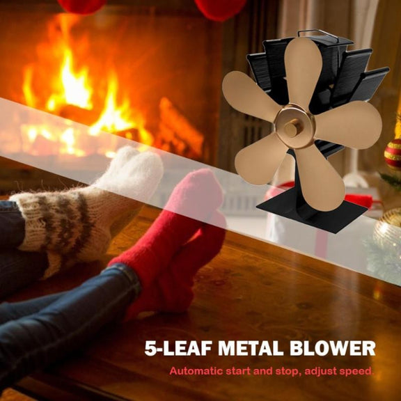 YL602 5-Blade High Temperature Metal Heat Powered Fireplace Stove Fan (Black)