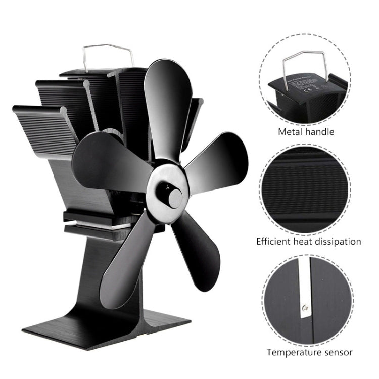 YL602 5-Blade High Temperature Metal Heat Powered Fireplace Stove Fan (Black)