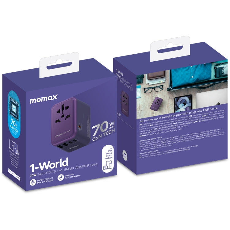 MOMAX 1-World UA8 PD 70W Fast Charger Power Adapter(Purple) - free shipping - PMC TechLife - Order now!