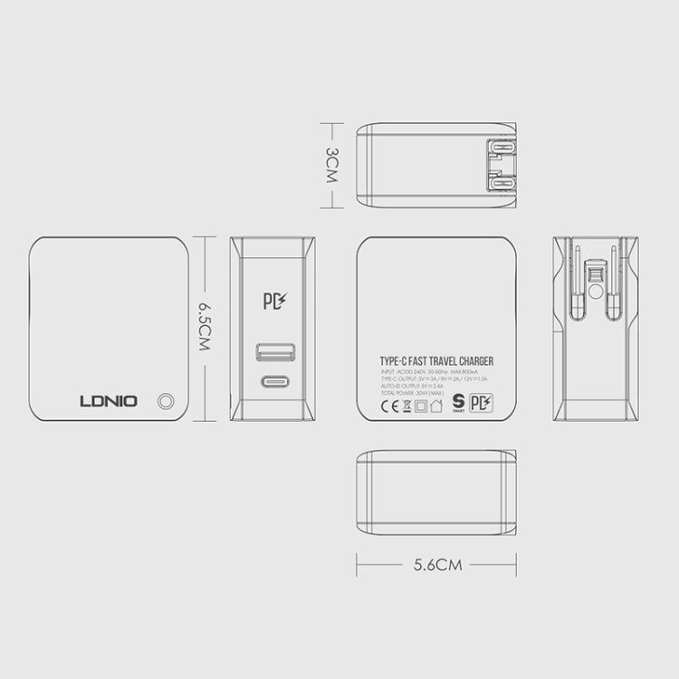 LDNIO A4403C 30W PD + Auto-id Foldable Fast Travel Charger with 1m USB-C / Type-C Cable, EU Plug - free shipping - PMC TechLife - Order now!