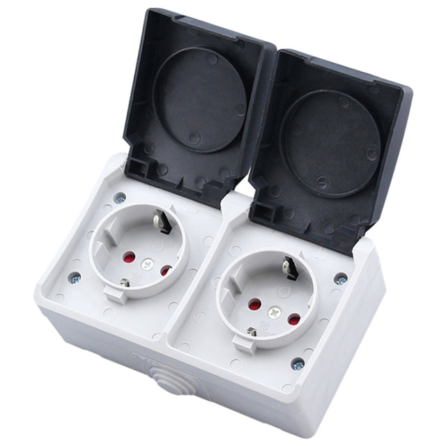 IP44 Water-resistant Double-connection Socket with Cover, EU Plug