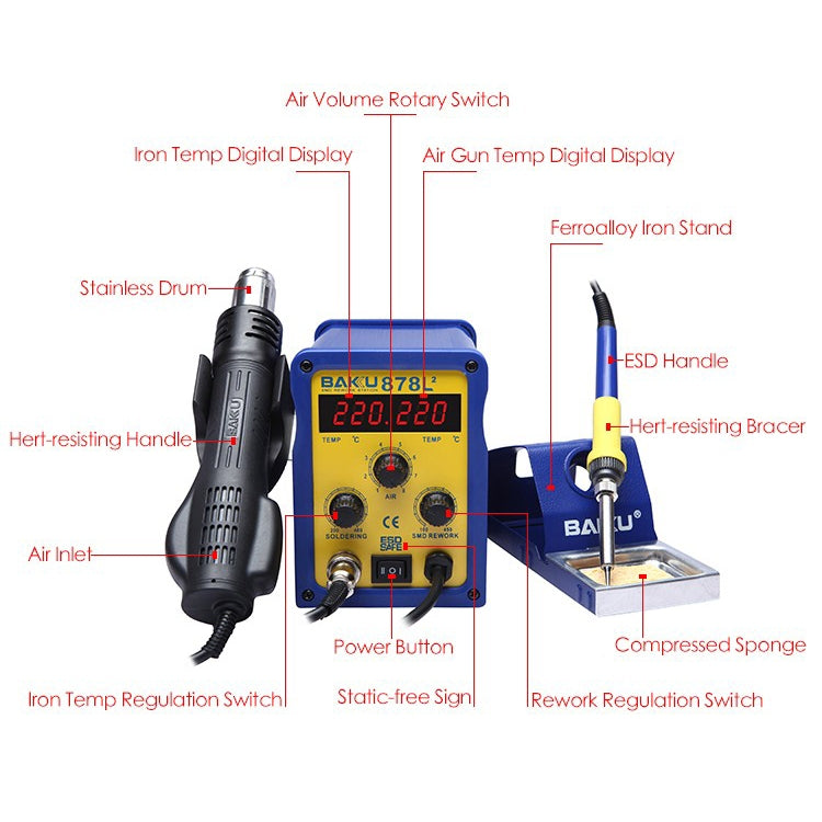 BAKU BK-878L2 AC 110V LED Display 2 in 1 Hot Air Gun Soldering Iron Soldering Station