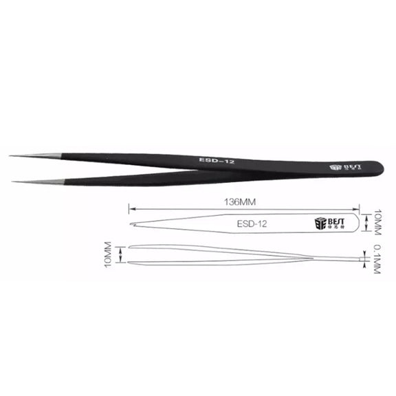 BEST BST-12 Precision Anti-static ESD Stainless Steel Tweezers