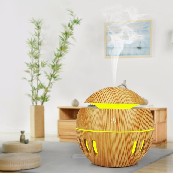 Wood Grain USB Hollowed-out Humidifier Seven Color Aromatherapy Lamp Automatic Alcohol Sprayer with Remote Control(Light Brown-3)