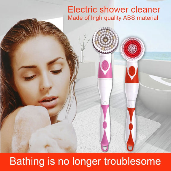 Multi-function Electric Water-resistant Bath Cleansing Brush Long-handled Massage Brush, with 4 Brush Heads(Pink)