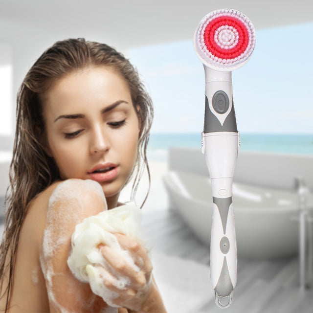 Multi-function Electric Water-resistant Bath Cleansing Brush Long-handled Massage Brush, with 4 Brush Heads(Grey)