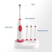 2W Creative Household Water-resistant Rotary Electric Toothbrush Set with 4 Replacement Brush Heads & Base, 8500 Revolutions Per Minute(Red)