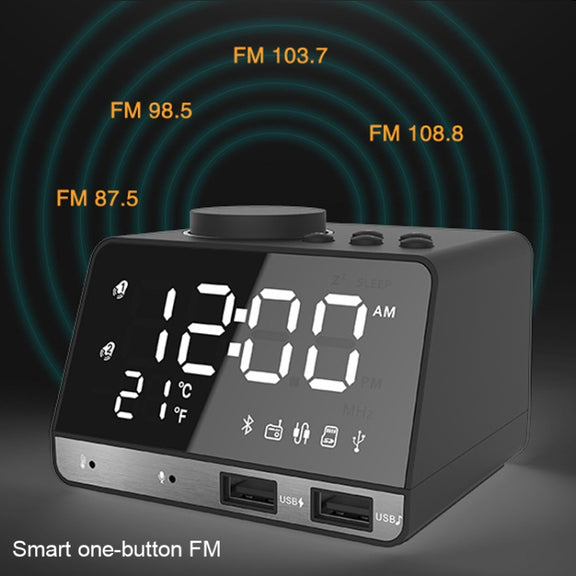 K11 Bluetooth Alarm Clock Speaker Creative Digital Music Clock Display Radio with Dual USB Interface, Support U Disk / TF Card / FM / AUX, US Plug(Black)