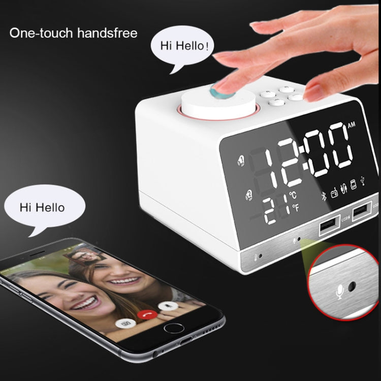 K11 Bluetooth Alarm Clock Speaker Creative Digital Music Clock Display Radio with Dual USB Interface, Support U Disk / TF Card / FM / AUX, US Plug(White)