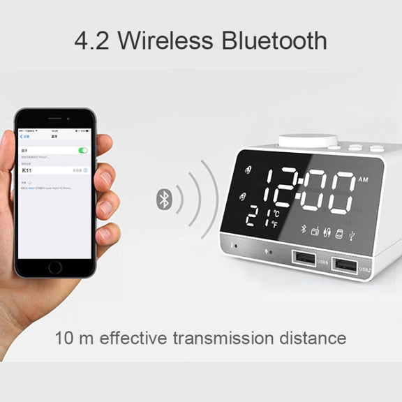 K11 Bluetooth Alarm Clock Speaker Creative Digital Music Clock Display Radio with Dual USB Interface, Support U Disk / TF Card / FM / AUX, UK Plug(Black)