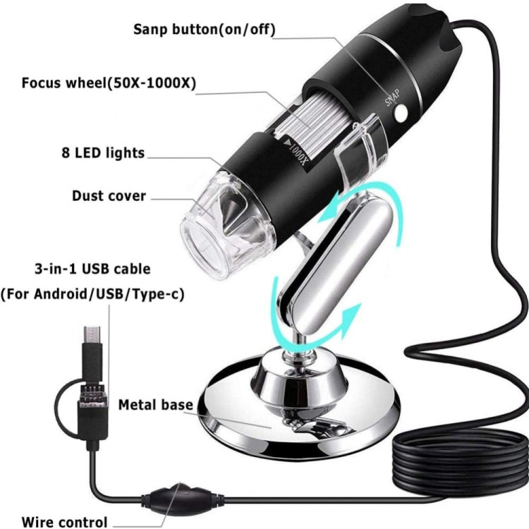 1600X Magnifier HD Image Sensor 3 in 1 USB Digital Microscope with 8 LED & Professional Stand (Black) - Digital Microscope by PMC TechLife | Online Shopping South Africa | PMC TechLife | Buy Now Pay Later Mobicred