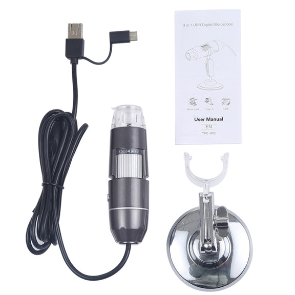 1600X Magnifier HD Image Sensor 3 in 1 USB Digital Microscope with 8 LED & Professional Stand (Black)
