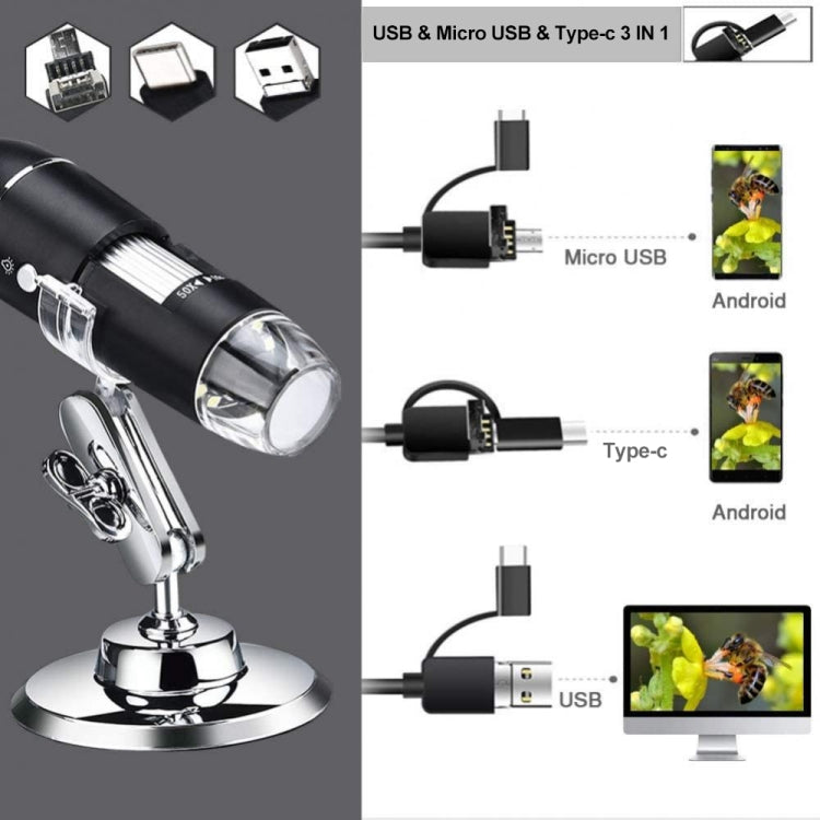 1600X Magnifier HD Image Sensor 3 in 1 USB Digital Microscope with 8 LED & Professional Stand (Black) - Digital Microscope by PMC TechLife | Online Shopping South Africa | PMC TechLife | Buy Now Pay Later Mobicred