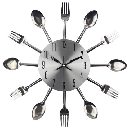 Cutlery Metal Kitchen Wall Clock Spoon Fork Creative Quartz Wall Mounted Clocks Modern Design Decorative Horloge, Silver - Wall Clock by PMC Jewellery | Online Shopping South Africa | PMC Jewellery | Buy Now Pay Later Mobicred
