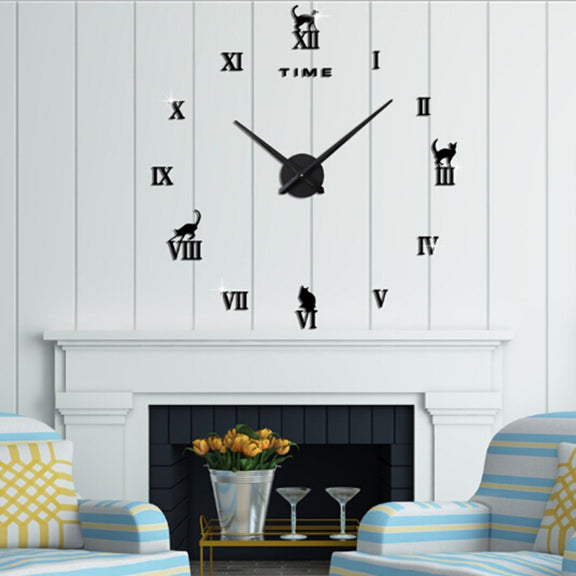 Home Office Decor Frameless Cat Shape Large Size DIY 3D Mirror Surface Wall Stickers Mute Clock, Size: 100*100cm(Black)