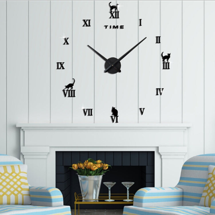 Home Office Decor Frameless Cat Shape Large Size DIY 3D Mirror Surface Wall Stickers Mute Clock, Size: 100*100cm(Black)